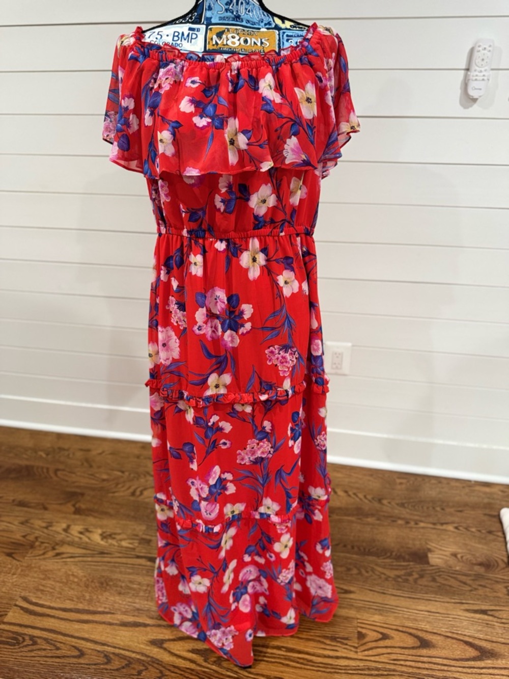 K Studio Collection Bright Red Floral Off-Shoulder Maxi Dress